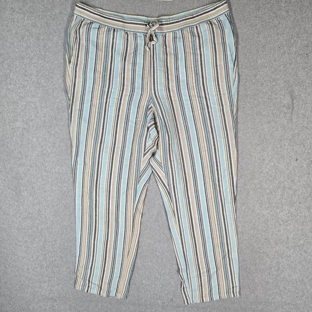 J JIl Women Pants L Blue Striped Linen Blend Straight Drawstring 26" Inseam